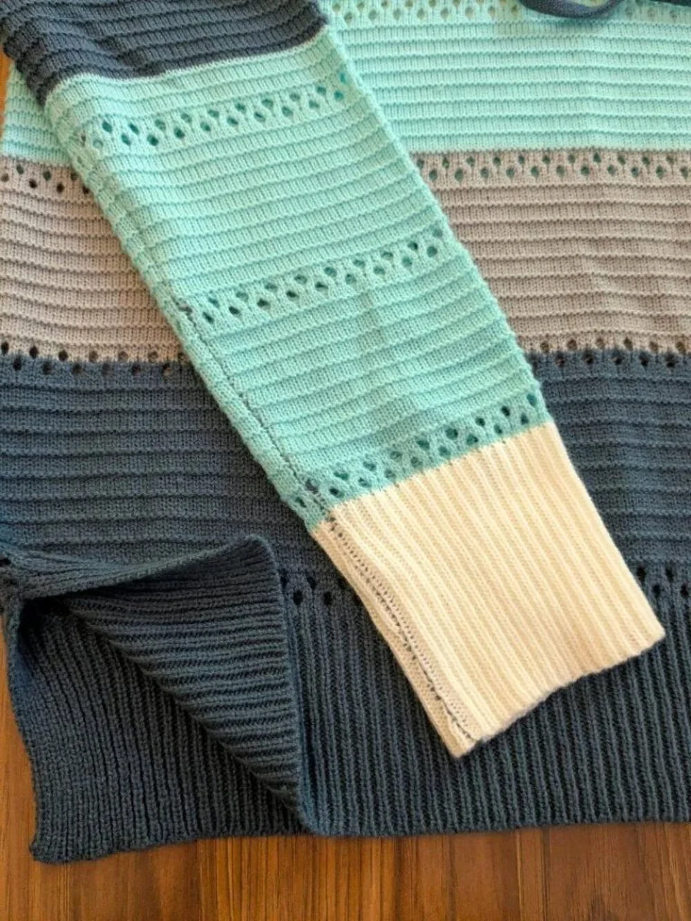 Boho Color Block Knit Hoodie Sweater Soft Cozy Lightweight Pullover Top Medium